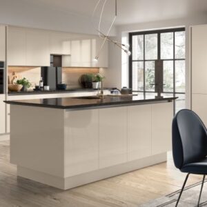 The Firbeck Supergloss Cashmere Kitchen, by Blossom Avenue Kitchens. Available to purchase from shopkitchensonline.co.uk