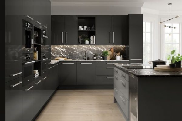 The Firbeck High gloss Dust Grey Kitchen, by Blossom Avenue Kitchens. Available to purchase from shopkitchensonline.co.uk