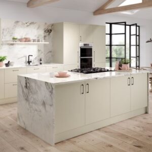 The Firbeck Supermatt Cashmere Kitchen, by Blossom Avenue Kitchens. Available to purchase from shopkitchensonline.co.uk