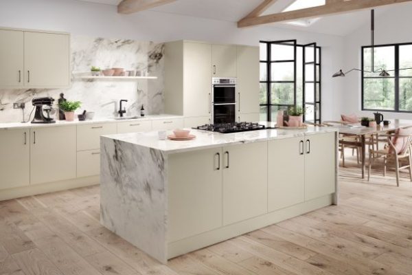 The Firbeck Supermatt Cashmere Kitchen, by Blossom Avenue Kitchens. Available to purchase from shopkitchensonline.co.uk