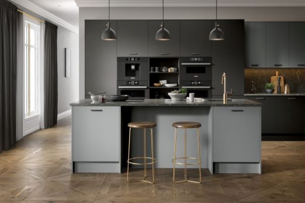 The Firbeck Supermatt Dust Grey & Graphite Kitchen, by Blossom Avenue Kitchens. Available to purchase from shopkitchensonline.co.uk